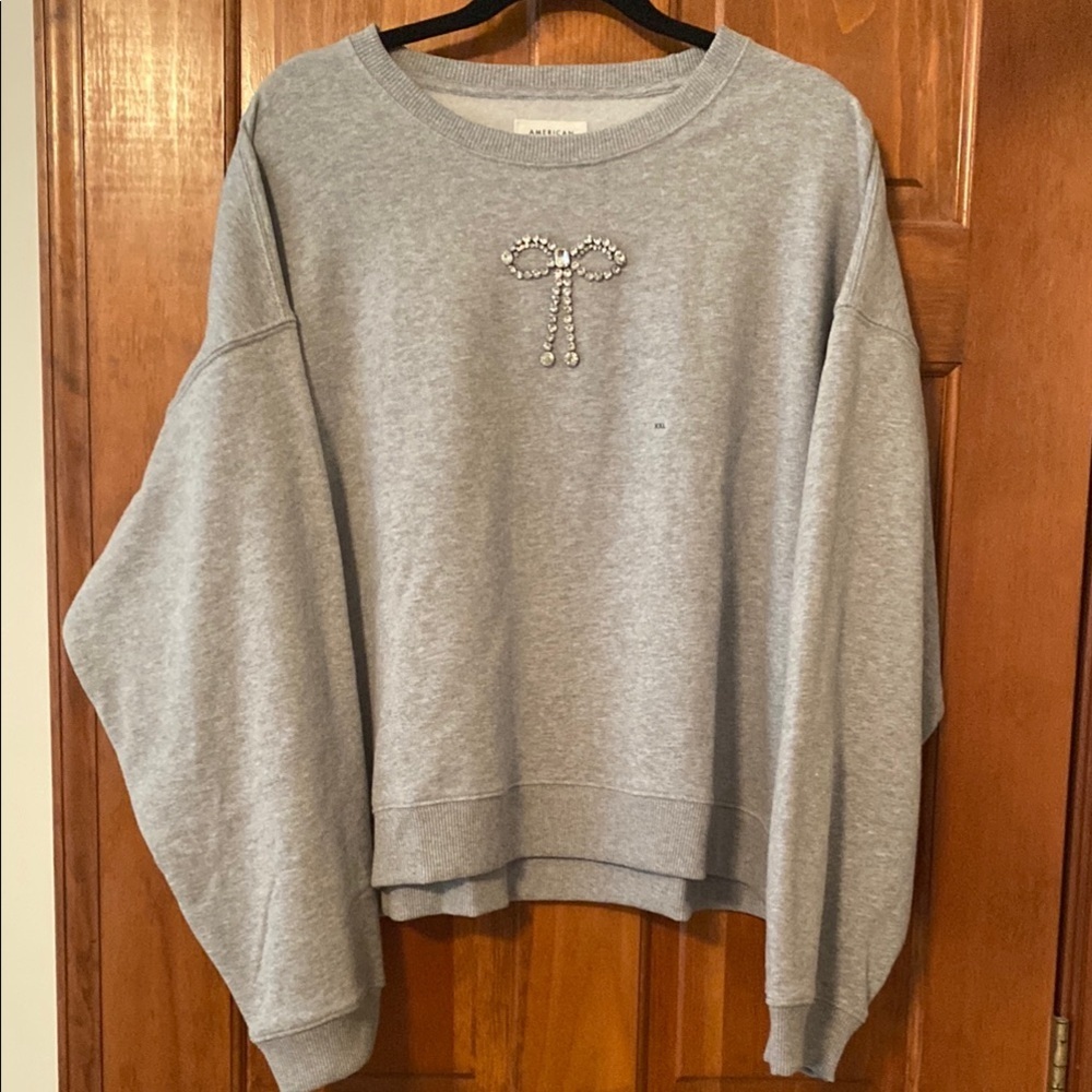 American Eagle Outfitters Cropped Style Gray Crew Neck Sweatshirt Bow Detail XXL
